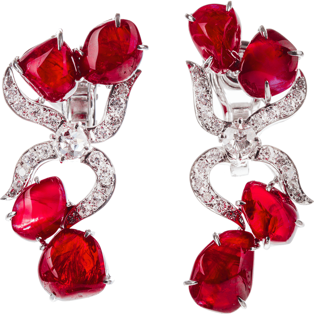 Vintage Cabochor Ruby and Diamond Earrings by Hatta