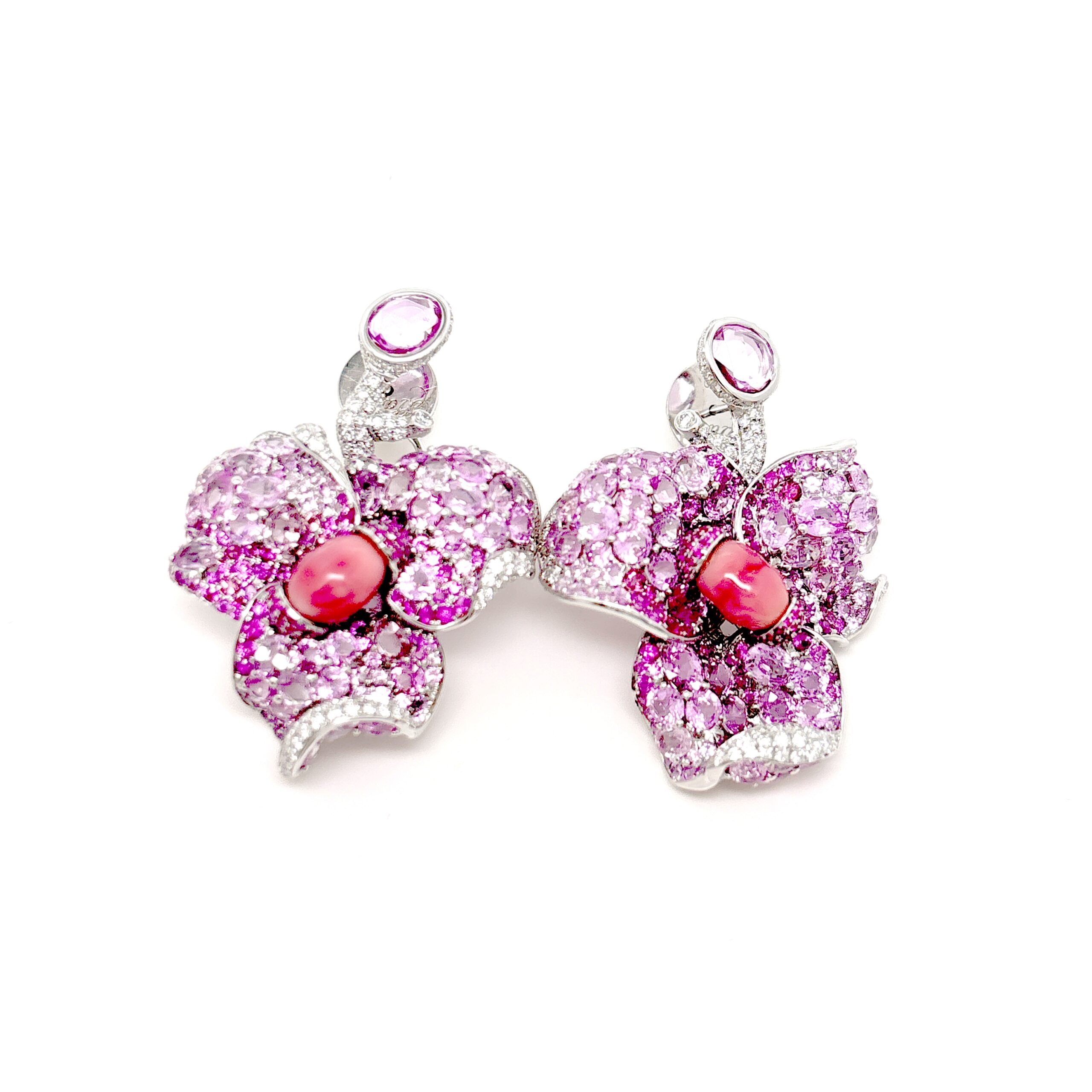 Conch Pearl and Pink Sapphires Flower Earrings